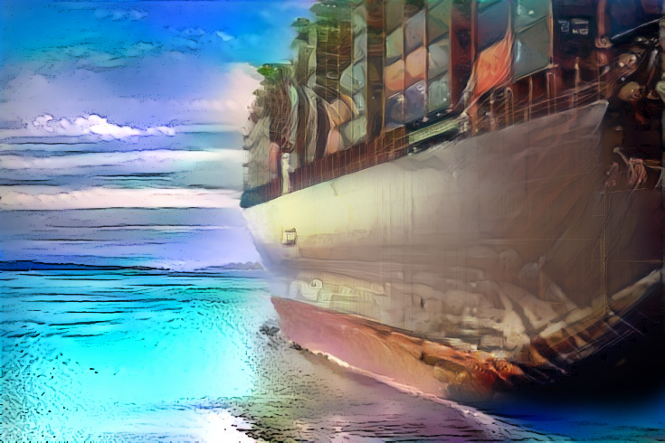 Illustration for the card Timely Public Release. A large ship, stocked with shipping containers, traverses the ocean.