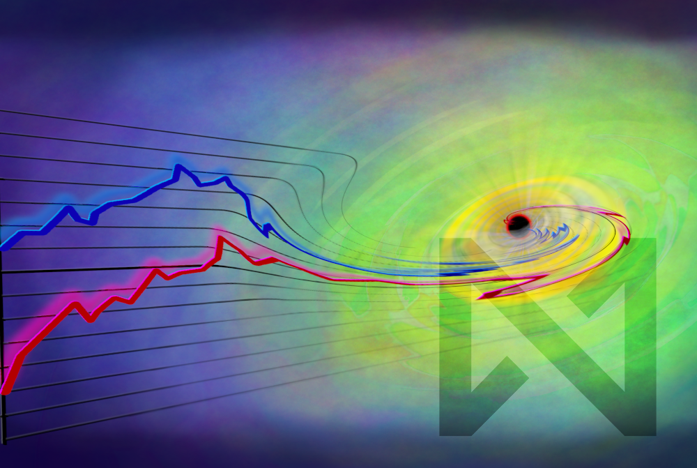 Artwork by Philippe Laroche depicting a graph with trend lines being sucked into a vortex