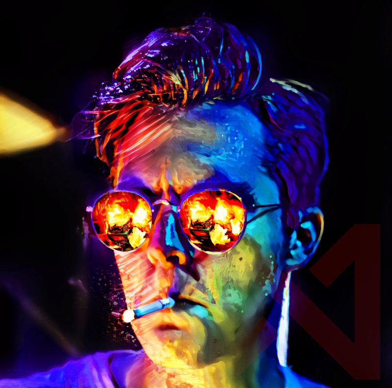 Punitive Counterstrike: An operative bathed in neon red, deep blue, and sickly green light smokes a cigarette. Burning wreckage is reflected in their sunglasses.