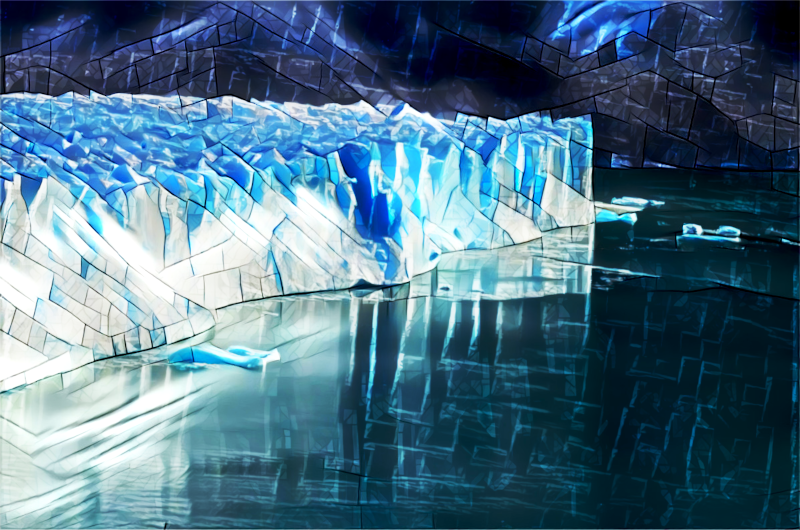 A photo of a glacier modified to look as though it were made of stained glass.