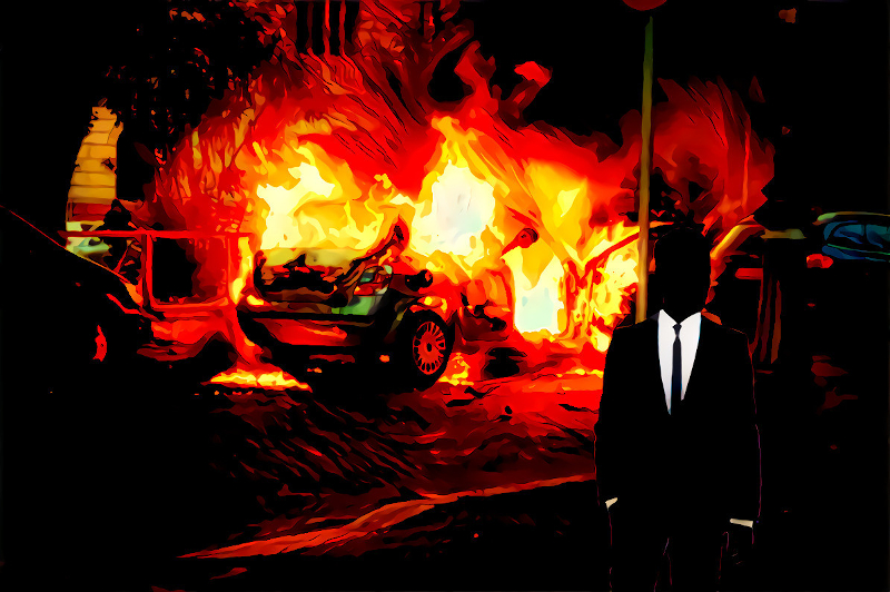 Photo illustration: A silhouetted figure in a suit and tie walking away from burning wreckage