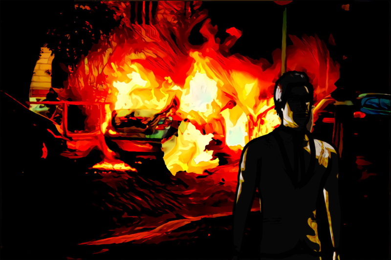 Photo illustration: A silhouetted figure walking away from burning wreckage