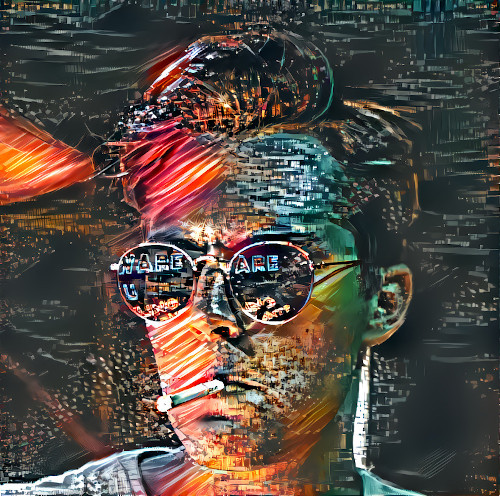 Digitally altered portrait of a model wearing sunglasses. The image is grainy and features strong red coloring.