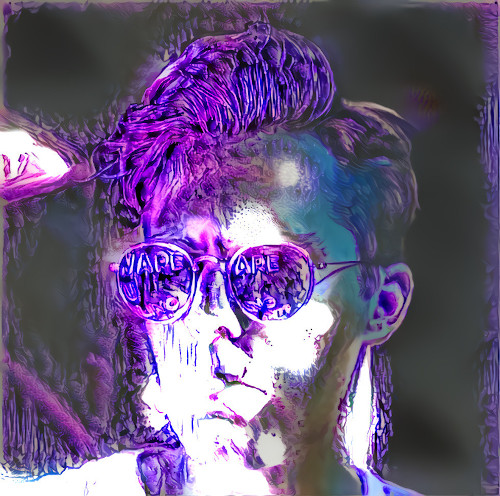 Digitally altered portrait of a model wearing sunglasses. The image features intense purple color and strong white highlights.