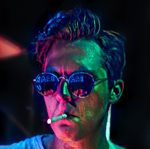 Digitally altered portrait of a model wearing sunglasses. The image features deep shadows and strong pink and green glow.
