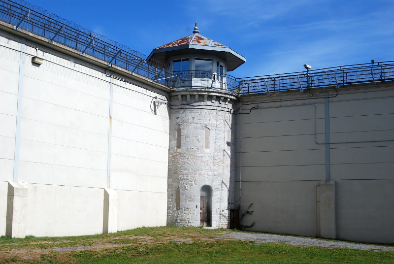Prison yard with guard tower