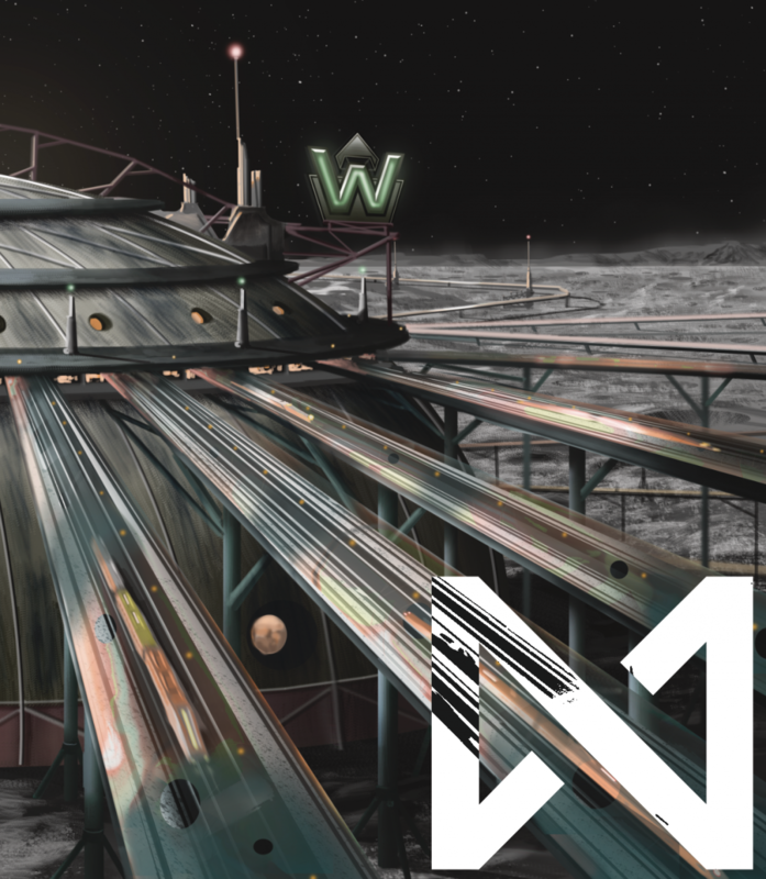 Several maglev lines emerge from a sturdy-looking dome on the Moon's surface. The Weyland Consortium logo floats above.