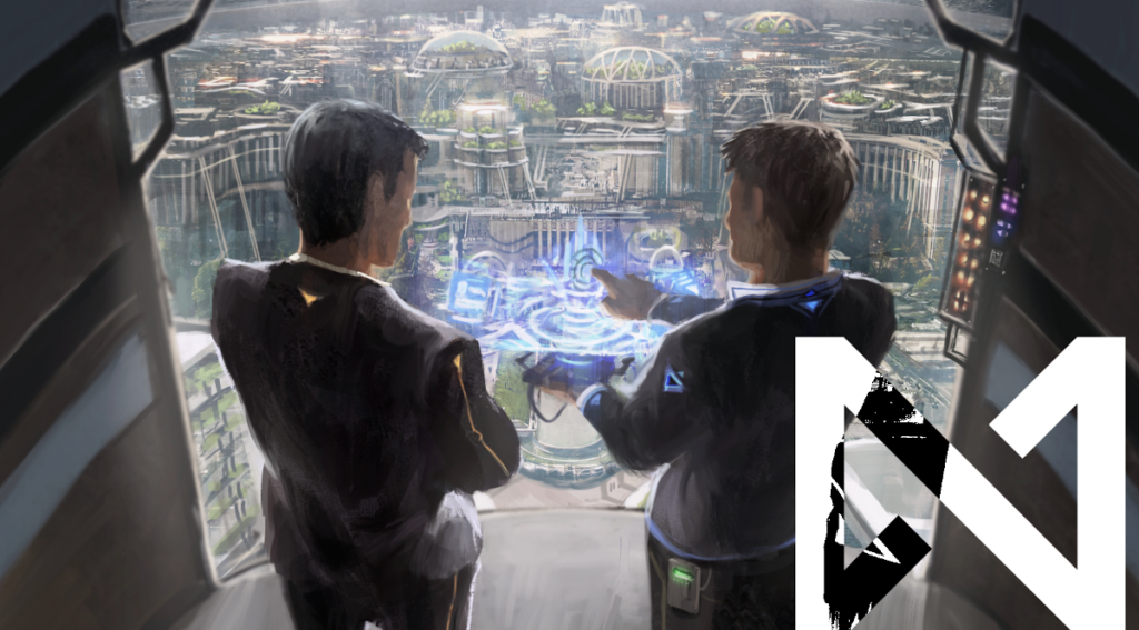 Illustrazione dell Ufficio Extraterrestre: Due persone si affacciano sul paesaggio urbano lunare, guardando una scultura olografica tra di loro.