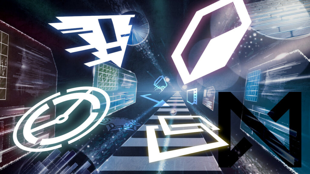 Asset Release illustration: Several NISEI icons, glowing, fly out of cyberspace toward the viewer.