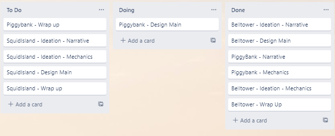 Screenshot of a Trello board, with three columns: "To Do", "Doing", and "Done". It's tracking various aspects of three sets, codenamed "Bell-Tower", "Piggy-Bank", and "Squid-Island".