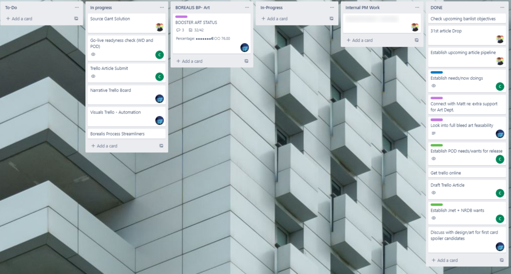 Screenshot of a Trello board, with columns that read "To-do", "In progress", "BOREALIS BP- Art", "In-Progress", "Internal PM Work", and "DONE".