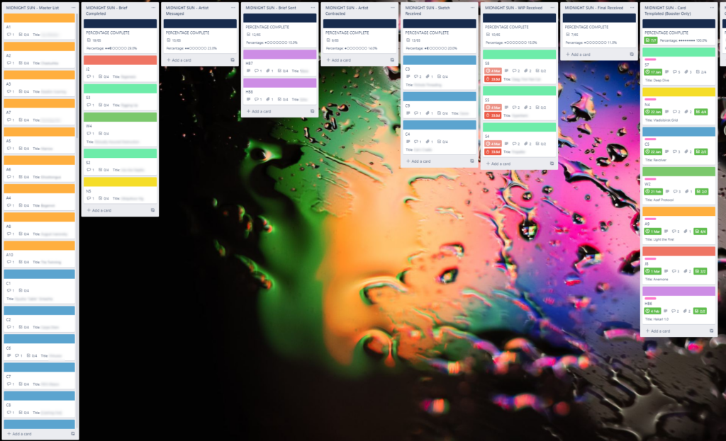 Trello board tracking the status of all the artwork for Midnight Sun