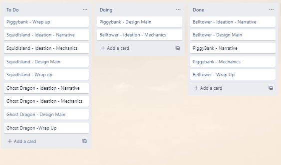 Trello board tracking progress on future sets. "Piggybank - Design Main" and "Belltower - Ideation - Mechanics" are in the "Doing" column. In the "To Do" column are several entries for "Piggybank", "SquidIsland", and "Ghost Dragon".