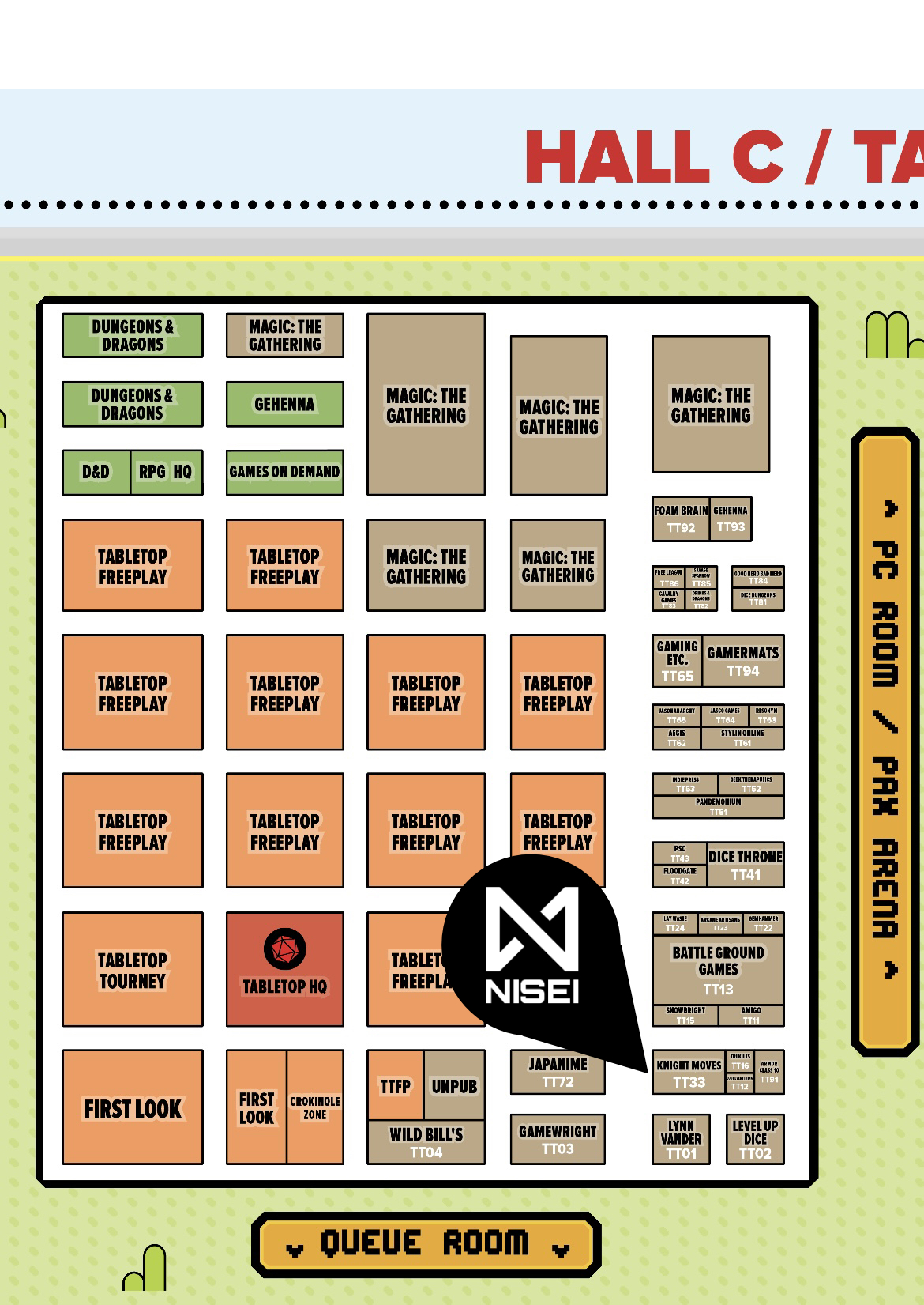 Map of Hall C, the Tabletop Room. NISEI is in the southeast corner, at booth TT33, Knight Moves.