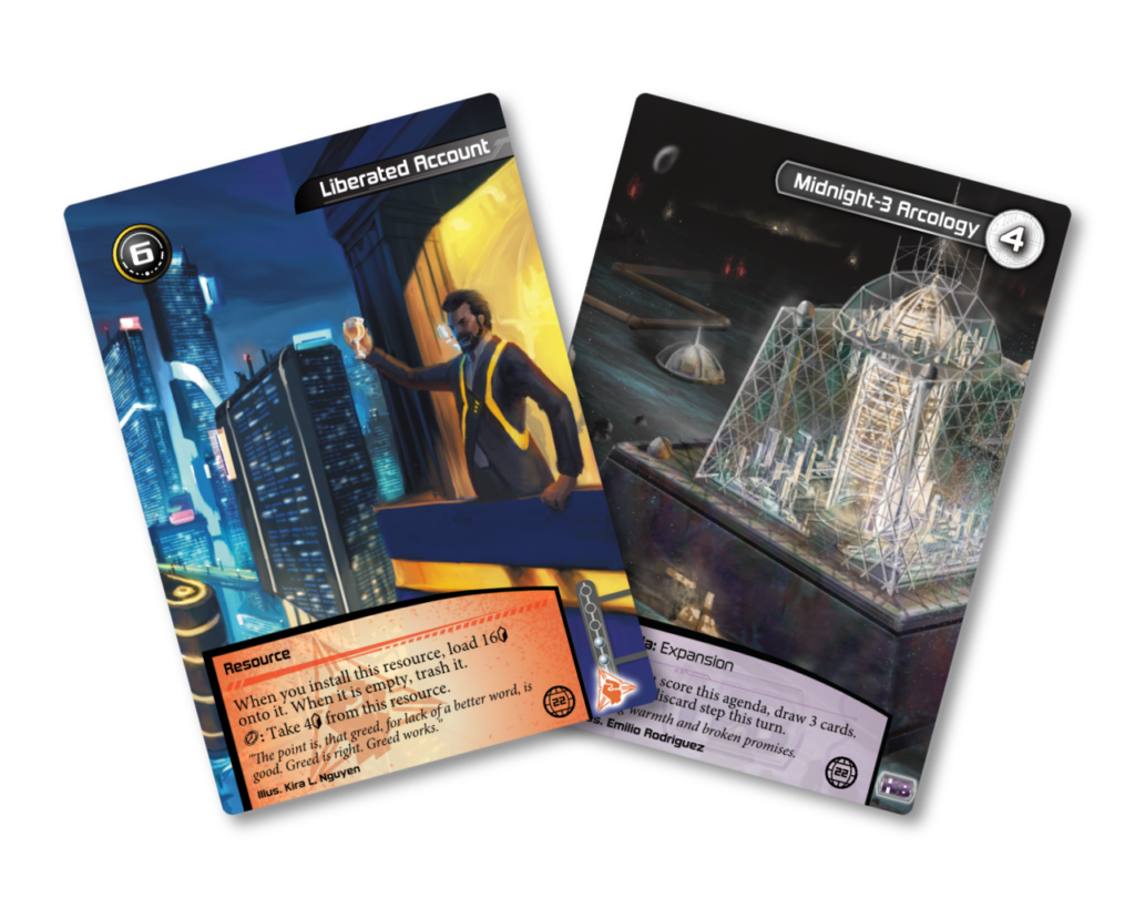 Startup side-event prize kit featuring Liberated Account alt art illustrated by Kira L. Nguyen and Midnight-3 Arcology illustrated by Emilio Rodriguez.