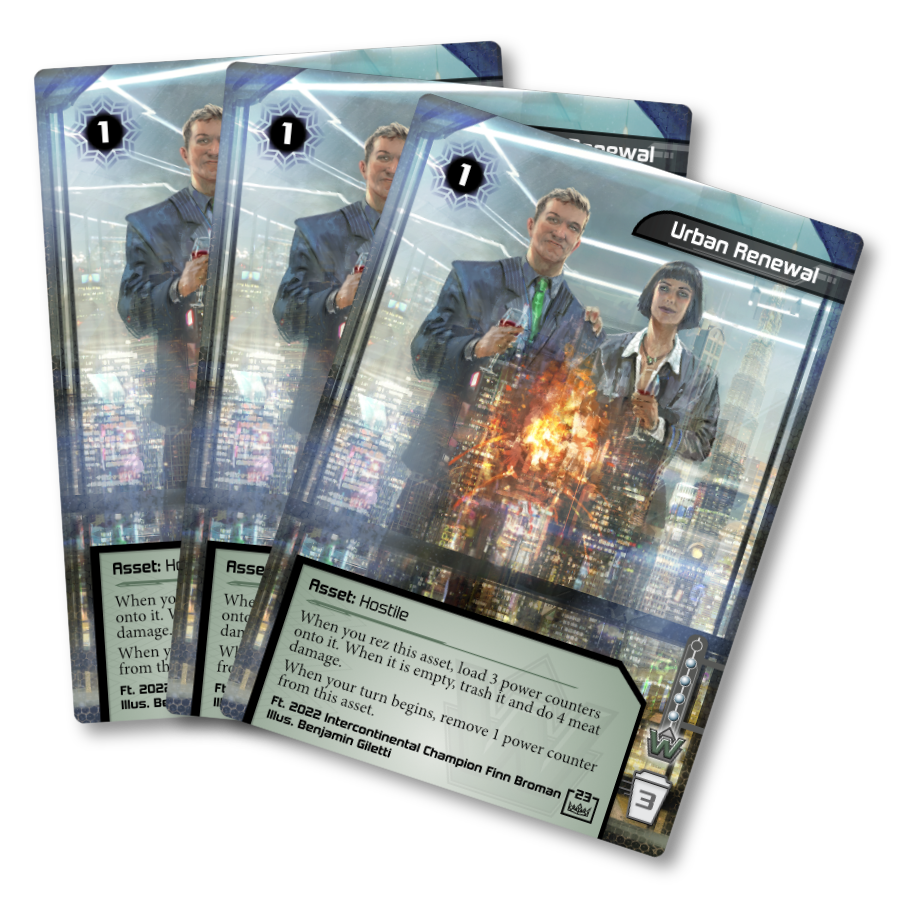 alternate art card of Urban Renewal featuring Finn Broman aka Bridgeman standing alongside Elizabeth Mills, art by Benjamin Giletti