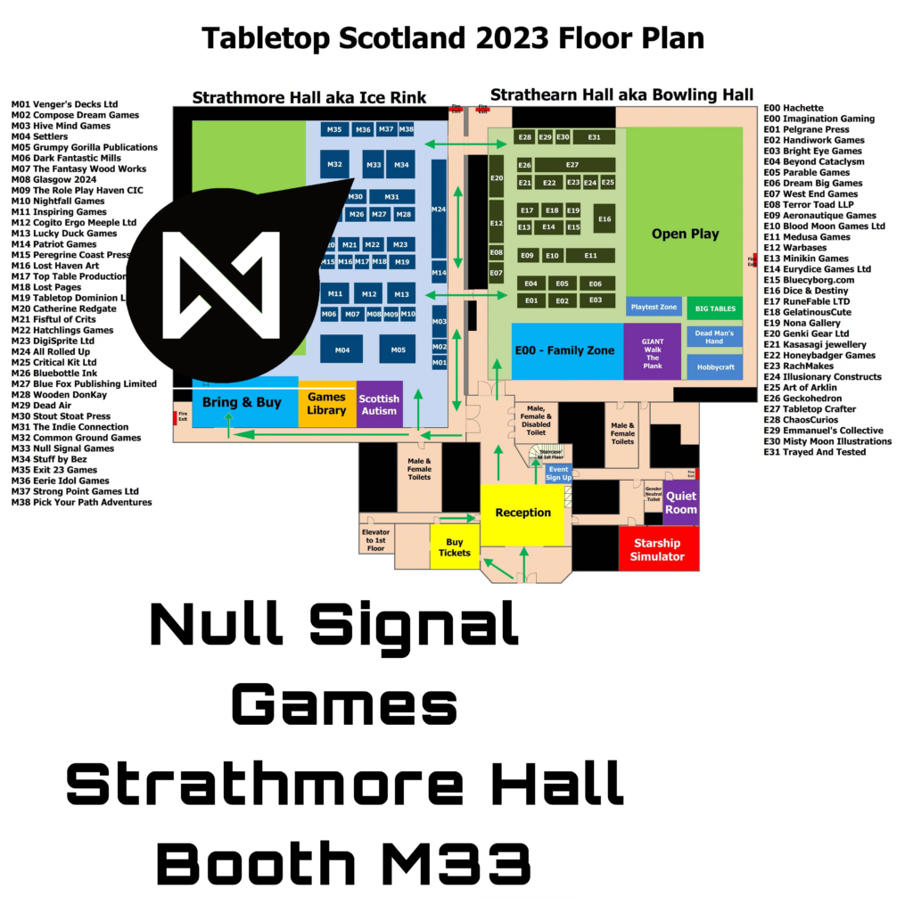 Floorplan of Tabletop Scotland with Null Signal Games booth M33 marked