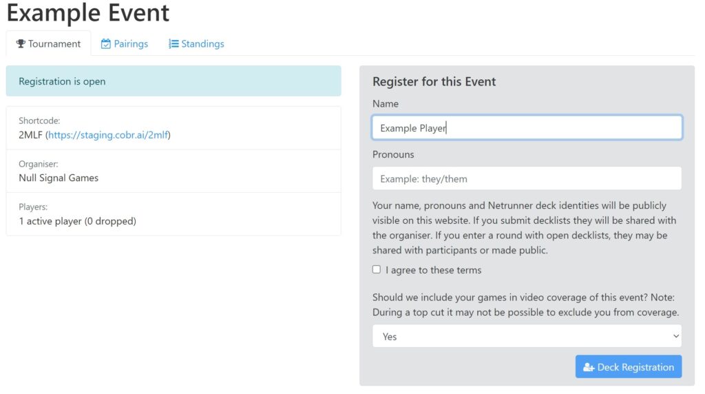 Cobra self-registration screen