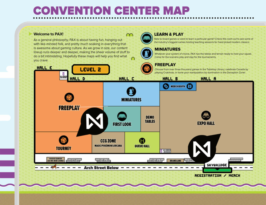 PAX Unplugged convention centre map with the location of our booth and the tournament area both marked
