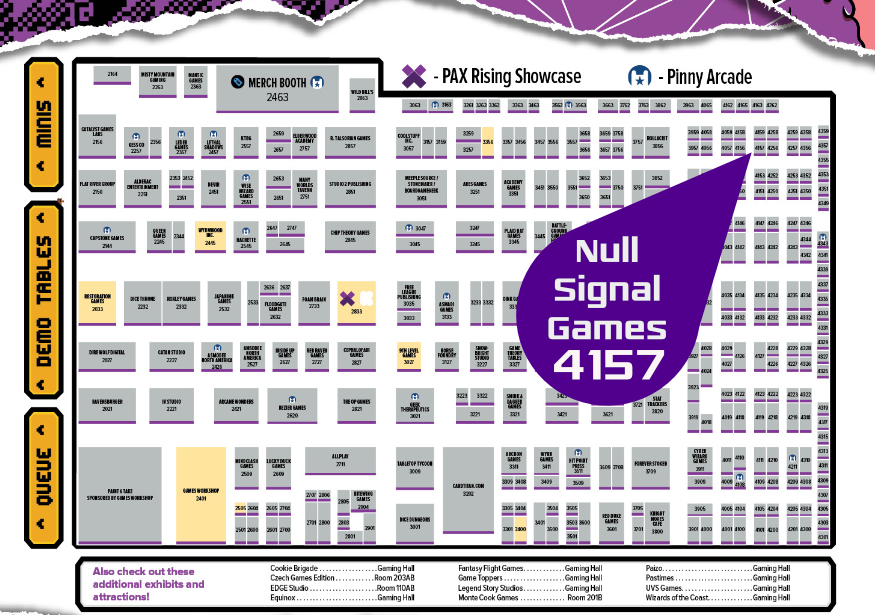 Map of the PAX Unplugged 2024 show floor showing the NSG booth 