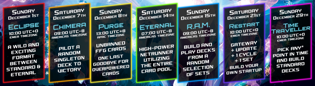 Off Meta Month Schedule: December 1 Eclipse; December 7 Chimera; December 8 Purge; December 14 Eternal; December 15 RAM; December 21 Restart; December 29 Time Traveller