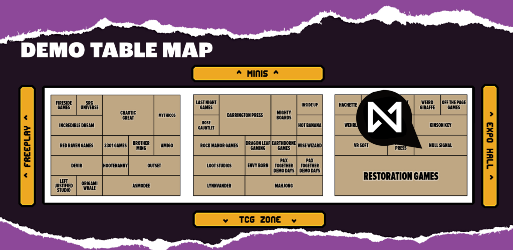 Map of the PAX Unplugged 2024 Demo Table area showing the NSG tables.