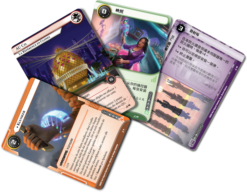 Card fan showing Elevation cards translated into multiple languages.